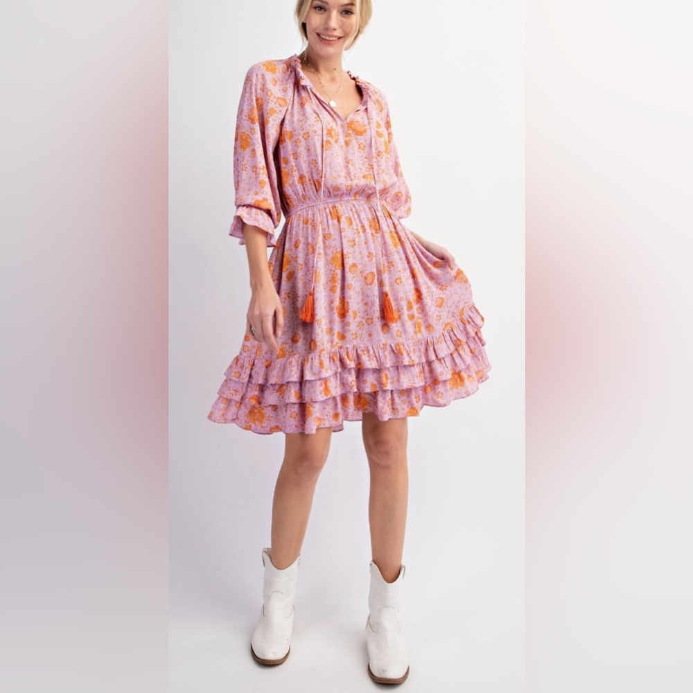 Easel Floral Tiered Ruffle Dress with Pockets - Pink & Orange
100% Rayon ED21972 - Picture 6 of 8